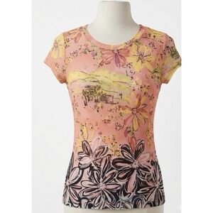 George Floral Mesh Short Sleeve Baby Tee Top Peach Y2K Fairycore Sz Medium 8/10